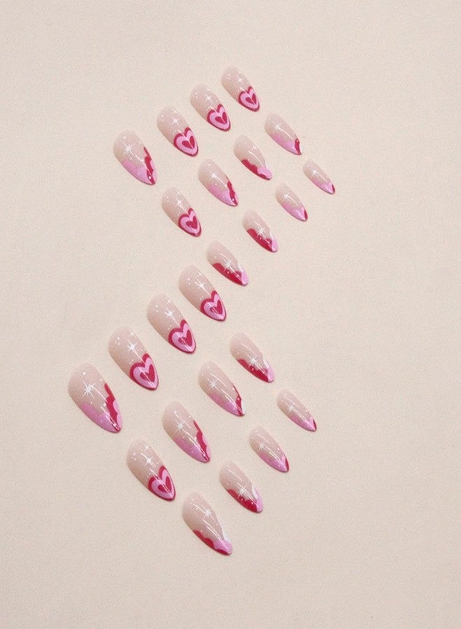 Maigitur Valentine's Day Press on Nails Medium Almond Fake Nails Red Heart False Nails French Tip Glue on Nail Star Pink Love Stick on Nail Glossy Nude Full Cover Acrylic Nail for Women Manicure 24pcs… - Image 4